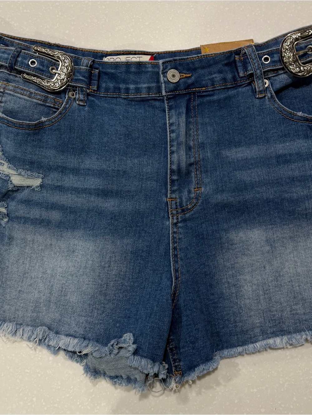 Y/Project Rebel  Distressed Blue Denim Cutoff Shorts with Western Buckle